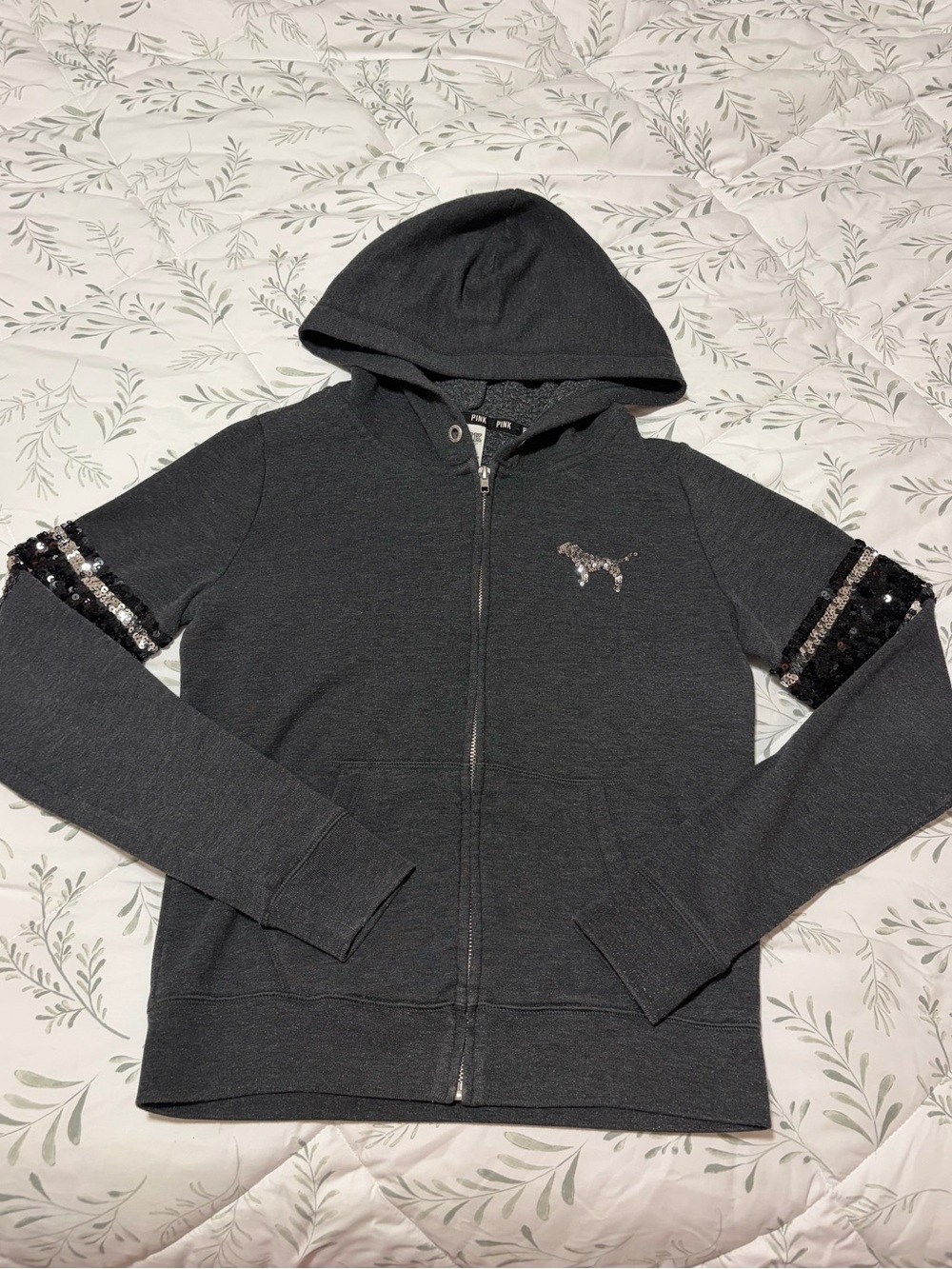 PINK Victoria's Secret Holographic Sequin Hoodie Grey Silver Black Y2K McBling